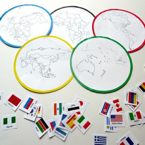 FREE printable of Olympic Rings with continents and Olympic country sort Olympic Games For Kids, Olympic Idea, Olympics Party, Kids Olympics, Olympic Crafts, Olympics Activities, Kids New Years Eve, Continents And Countries, Olympic Theme