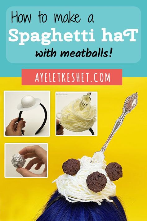 How to make a spaghetti hat with meatballs - follow this easy step by step tutorial. Perfect project for craft and DIY lovers who also like spaghetti. #ayelet_keshet #funnyhats #diycostumes #purim #halloweenideas Italian Costume Ideas, Luau Party Favors, Homecoming Spirit Week, Greeting Card Gift Box, Crazy Hat, How To Read More, How To Make Meatballs, How To Make Spaghetti, Easter Treat Bags