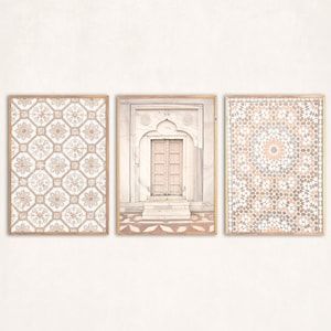 Love these beautiful patterns and the soothing color pallette of these Moroccan themed prints Middle Eastern Wall Art, Morrocan Wall Art, Wall Art Mediterranean, Beige Architecture, Living Room Boho Decor, Moroccan Painting, Room Boho Decor, Painting Above Bed, Poster Arabic