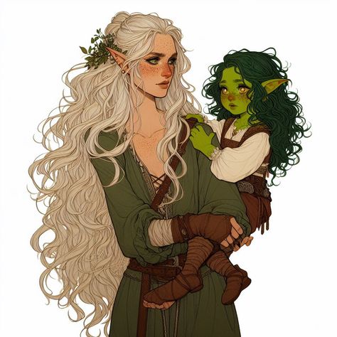 Irish Character Art, Dnd Healer Character, Orc X Elf, Dnd Couple Art, Bg3 Drawing, Elf Woman Art, Orc Drawing, Female Half Orc, A Court Of Wings And Ruin