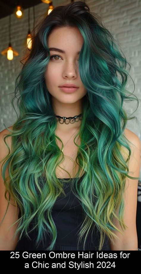 A green ombre offers a fresh and vibrant take on the traditional ombre. This colorful hairstyle seamlessly transitions from your roots to a stunning shade of green, creating a stylish and on-trend look. The key #dyed #hair Green Strands Hair, Two Tone Green Hair, Green Hair Ombre, Green Ombre Hair, Hair Melt, Ombre Hair Ideas, Gradient Hair, Hair Color Options, Dye Colors