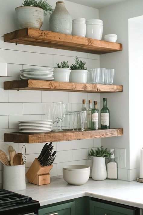 Use open shelving in small spaces to keep your home light and airy. Display your favorite items while maintaining a sense of openness and accessibility. 🛠✨🌿 #OpenShelving #SmallSpaceLiving #HomeDecor #AiryDesign Boho Floating Shelf Decor, Floating Shelf Decor Kitchen, Shelf Decor Kitchen, Kitchen Open Shelves, Ceramic Dishware, Boho Kitchen Ideas, Boho Kitchens, Floating Shelf Decor, Bamboo Bar