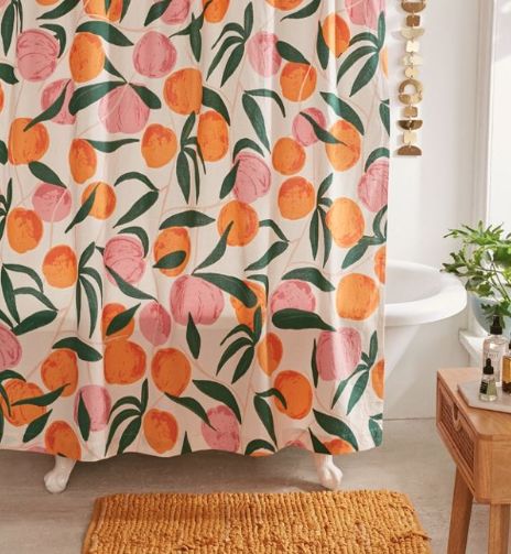 Peach Shower Curtain, Urban Outfitters Curtains, Peach Bathroom, Orange Shower Curtain, Guest Bathroom Decor, Orange Bathroom, Earthy Home, Floral Shower Curtains, Upstairs Bathrooms