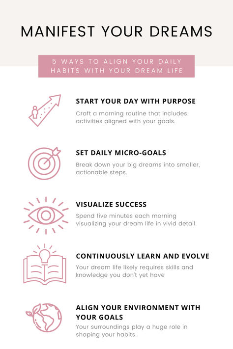 Here are 5 life hacks that you can use to align your daily habits with your dream life. Save this post to inspire your morning routine and click to discover my favourite tools for building anf sticking to good habits! Manifestation Routine, Habit Building, Manifest Your Dreams, Good Habits, Daily Habits, Achieve Your Goals, 5 Ways, Healthy Habits, Better Life