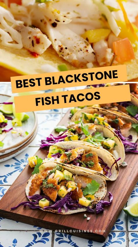 Blackstone Fish Tacos Recipe - Grill Cuisines Fish Tacos On Blackstone Griddle, Fish Tacos Blackstone, Cod On The Blackstone, Blackstone Fish Tacos, Tacos On Blackstone, Blackstone Fish, Blackstone Ideas, Cod Fish Tacos, Outdoor Griddle