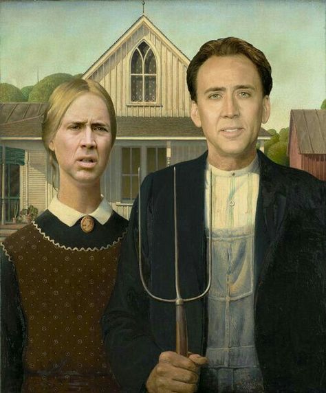 Nickolas Cage, Nicholas Cage Face, American Gothic Parody, Gothic Couple, Family Reunion Photos, Gothic Characters, Painting Couple, Nicholas Cage, Family Art Print