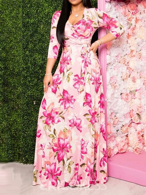 Plunge Maxi Dress, Vestidos Color Rosa, Print Design Fashion, Line Dresses, Floral Patchwork, Dress Sleeve Styles, A Line Dresses, Half Sleeve Dresses, Loose Outfit