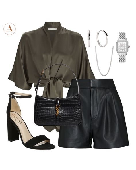 Green Bag Outfit, Ysl Clothes, Green Top Outfit, Style Classe, Leather Shorts Outfit, Black Leather Shorts, Faux Leather Shorts, Wardrobe Stylist, Spring Fashion Outfits