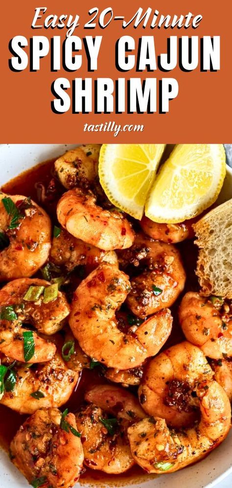 Simplicity meets zest and flavor in these Spicy Cajun Shrimp where plump shrimp are bathed in the most explosive sauce made with garlic, butter, lemon juice, ketchup, hot sauce, chicken broth, and Cajun seasoning. Your tastebuds will absolutely love it and it all comes together in 20 minutes! Voodoo Shrimp Recipe, Shrimp New Orleans Recipe, Spicy Cajun Shrimp, Hot Sauce Chicken, Cajun Seasoning Recipe, Creole Shrimp Recipes, Shrimp Casserole, Smoked Shrimp, Chicken Pasta Salad Recipes