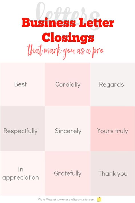 9 business letter closings that mark you as a pro with Word Wise at Nonprofit Copywriter #WritingTips #BusinessWriting How To Write A Business Letter, Letter Closings, Professional Email Writing Tips, Professional Mail Writing, Letter Writing Format, Application Letter For Sales Representative, Business Letter Sample, Nonprofit Infographics, Christian Writing