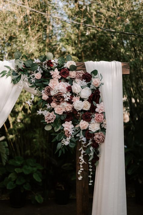 Rose Wedding Arch, Pink And Burgundy Wedding, Wine Red Wedding, Burgundy Wedding Flowers, White Wedding Arch, St Pete Wedding, Burgundy And Blush Wedding, Moody Florals, Red Wedding Decorations