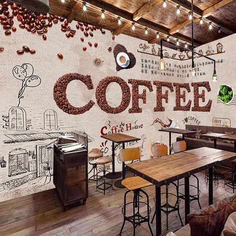 Restaurant Wallpaper, Industrial Coffee Shop, Cafe Bar Design, Coffee Office, Mural Cafe, Coffee Restaurant, Opening A Coffee Shop, French Romance, Industrial Cafe