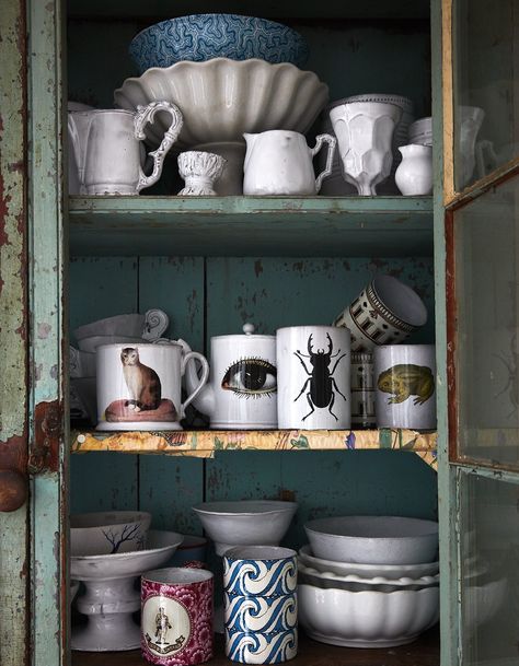 We Should All Emulate John Derian’s Casual Approach to Entertaining Plain English Kitchen, Matilda Goad, Royal Chair, Emily Henderson Design, Gingham Napkins, Marble Mugs, Hanging Pans, Rose Pillow, John Derian