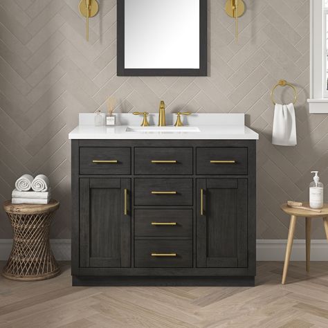 "A traditional vanity design that incorporates 5-panel cabinet doors with a premium quality engineered quartz countertop, the Bailey is an example of high-end functional furniture that immediately upgrades any space. Dark Bathroom Cabinets, Dark Wood Bathroom, Panel Cabinet Doors, 36 Inch Bathroom Vanity, Black Vanity Bathroom, Dark Bathrooms, Engineered Quartz, Traditional Vanity, Wood Bathroom Vanity