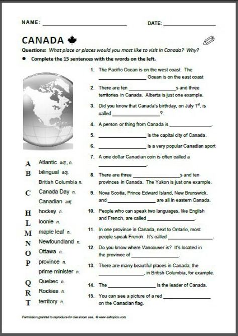 english Canada Worksheet, Canadian Facts, Esl Reading, Grammar Quiz, English Teaching Materials, Esl Vocabulary, Homeschool Social Studies, English Worksheet, English Exercises