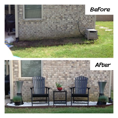 Flowerbed makeover. Created a backyard seating area using a flowerbed that stayed muddy instead of growing anything by filling with landscaping stones, adirondack chairs, table and some accessories. Landscape Seating, Landscaping Stones, Front Yard Patio, Backyard Seating Area, Landscape Stone, Backyard Seating, Front Landscaping, Front Patio, Patio Makeover