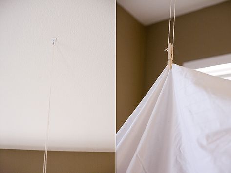 All for the Boys - Fort Building Tips Sheet Tent Indoor, Huge Blanket Fort, How To Hang Sheets From Ceiling, Sheet Fort Indoor, Blanket Fort Ideas Indoor Bedroom, Sheet Fort, Diy Blanket Fort, Living Room Fort, Cardboard Forts