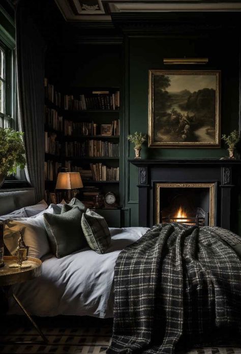 Dark Green Aesthetic Room, Dark Green Room Ideas Bedroom, Dark Cozy Room, Green Dark Academia, Dark Academia Bedroom, Dark Green Rooms, Dark And Moody Bedroom, Academia Bedroom, Inspiring Homes