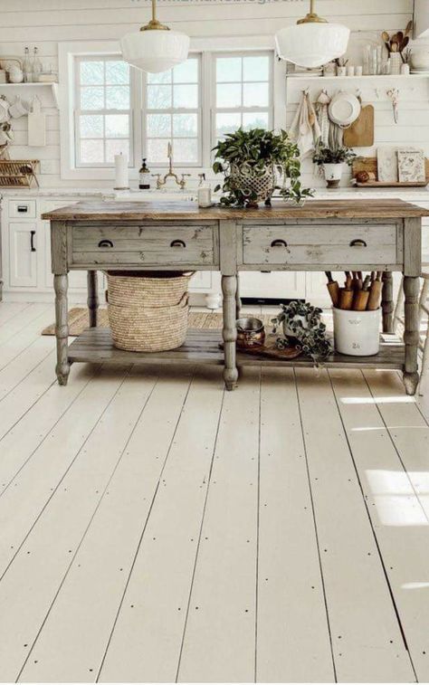 Vintage Prep Table Kitchen, French Style Kitchen Island, Whites And Woods Farmhouse, Euro Farmhouse Kitchen, Rustic Neutral Kitchen, Unique Kitchen Island Ideas Farmhouse, Antique Kitchen Island Ideas, Rustic Chic Kitchen Ideas, European Cottage Kitchen