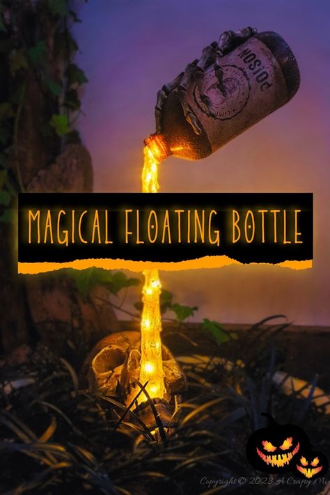 Unleash your inner sorcerer with this Halloween with a DIY Skull and Floating Bottle Planter! We’ll show you how to get the bottle to defy gravity and create a dripping poison effect that casts an otherworldly glow over the scene at night. The tutorial includes a free poison label printable and loads of pictures to guide you through the process. No special tools needed. #ACraftyMix Diy Hanging Corpse, Wine Bottle Upcycle Ideas, Diy Floating Halloween Decorations, Floating Potion Bottle, Halloween Bottle Art, Gothic Bottles Diy, Halloween Diy Crafts Outdoor, Diy Halloween Candleabra Ideas, Diy Poison Bottles