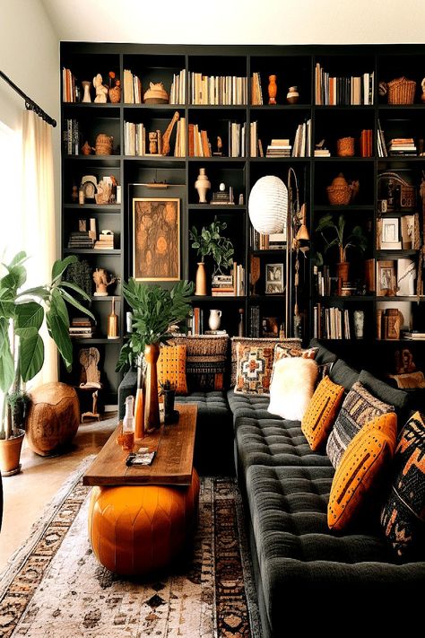 Dark wood bookshelf adding classic charm to a bohemian living room on a budget. 70s Living Room, Modern Bohemian Living Room, Moody Living Room, Interior Design Per La Casa, Decor Western, Bohemian Living Rooms, Inspire Me Home Decor, Design Apartment, Living Room On A Budget