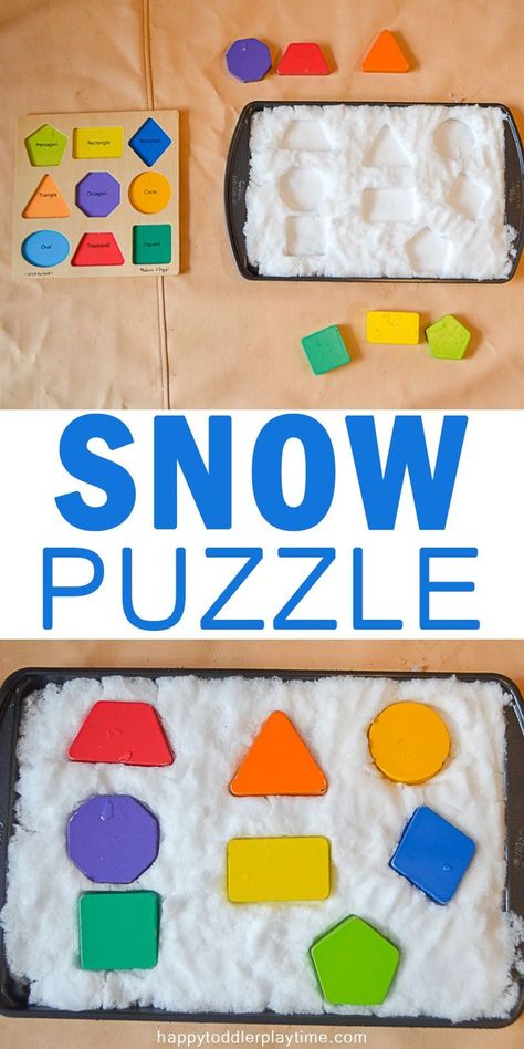 Snow Puzzle – HAPPY TODDLER PLAYTIME Need a fun way to refresh your shapes puzzle this winter? Trying putting it in snow! Check out this super fun and easy puzzle matching activity for toddlers!  #toddleractivities #kidsactivities #winteractivitiesforkids Easy Puzzle, Winter Activities For Toddlers, Winter Lesson Plan, Winter Math Activities, January Activities, Winter Activities Preschool, Lesson Plans For Toddlers, Activity For Toddlers, Snow Theme