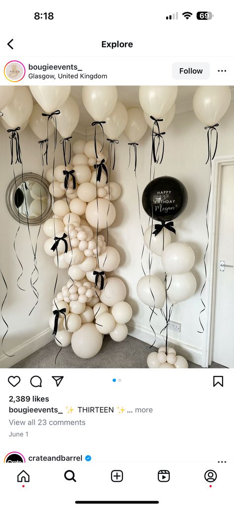 Black Balloon Birthday Decoration, Black White Bday Theme, White Balloons Black Ribbon, Coquette Black And White Party, Black And White Balloon Wall, Cream And Black Party Decor, 21st Birthday Black And White Theme, White Balloons With Black Ribbon, Balloon Hanging From Ceiling