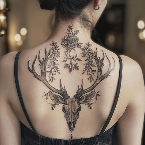 Deer Skull Tattoo Vector Art Deer Spine Tattoo, Deer Skull Back Tattoo, Deer Skull Tattoos For Women, Stag Skull Tattoo, Elk Skull Tattoo, Woman Ankle Tattoo, Owl Back Tattoo, Unique Sternum Tattoo Women, Skull Back Tattoo