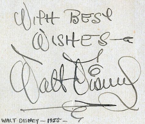 Another famous signature (Walt Disney) was the inspiration for the "Disney" font used throughout the Disney corporation. Wax Museum Project, Walt Disney Signature, Signature Tattoo, Disney Signatures, Disney Characters Signatures, Walt Disney Imagineering, Walter Elias Disney, Christmas Windows, Disney Imagineering