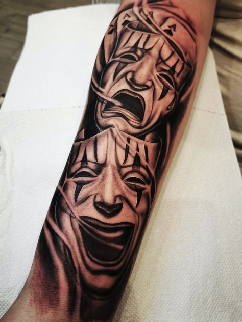 Greek Mask Tattoo, Realistic Tattoo Sleeve Men, Theater Mask Tattoo, Mask Tattoo Design, Tattoo Pierna, Forearm Tattoo Quotes, Neon Tattoo, Masculine Tattoos, Chest Tattoo Ideas