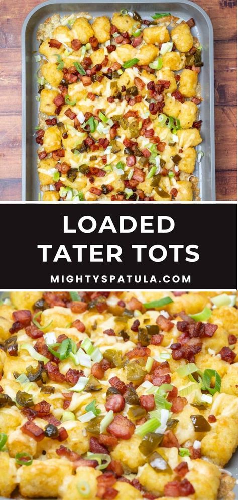 Loaded Tater Tots – Mighty Spatula Smothered Tater Tots, Leftover Tater Tot Recipes, Tator Tots Recipes Side Dishes, Loaded Tots Recipes, Recipes Using Tater Tots, Loaded Tater Tots Recipes, Loaded Tater Tot Casserole, Tater Tots Recipes, Chili Cheese Tater Tots