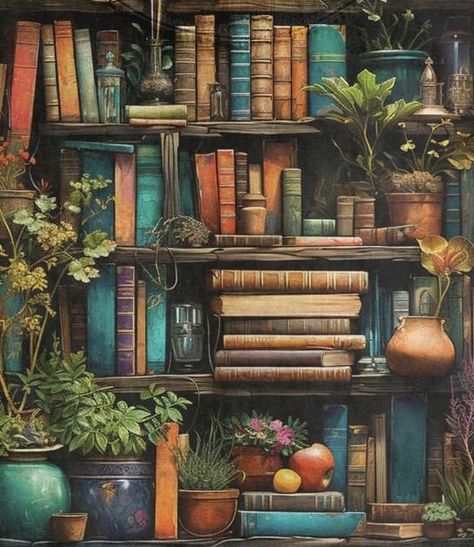 Painting Of A Bookshelf, Bookshelf Painting, Painted Bookshelves, Bookshelf Inspiration, Bookshelf Art, Library Art, Tea And Books, Coloring Ideas, Acrylic Gems