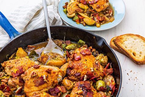 Bacon Harvest Skillet - Delish.com Harvest Chicken Skillet, Harvest Skillet, Chicken Skillet Recipes, Chicken Skillet, Easy Chicken Thigh Recipes, Sprout Recipes, Brussels Sprouts Recipe, Skillet Meals, Fall Dinner