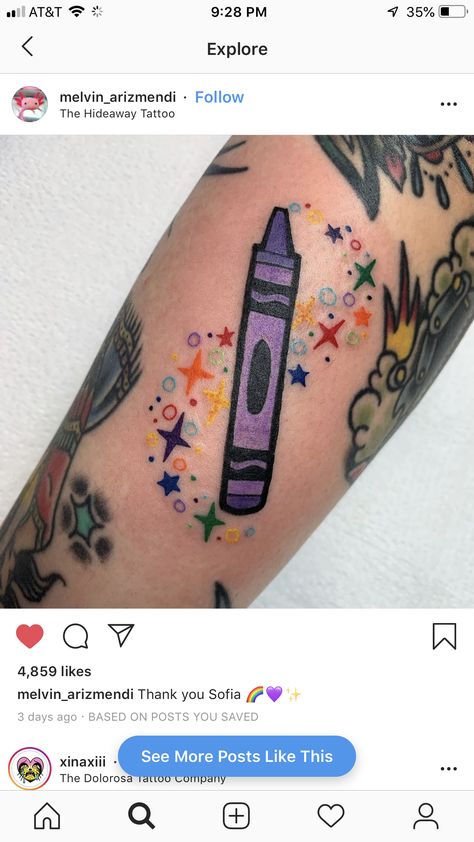 Crayon tattoo Crayon Tattoo Crayola, Art Teacher Tattoo Ideas, Harold And The Purple Crayon Tattoo, Daycare Teacher Tattoo Ideas, 90s Aesthetic Tattoos, Teacher Tatoos Ideas, Teacher Inspired Tattoos, Small Teacher Tattoos, 2000s Nostalgia Tattoo