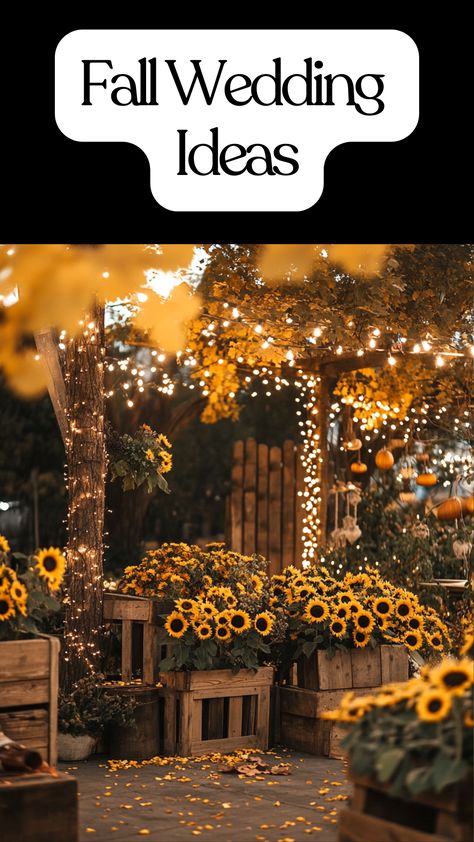 Rustic country-themed garden wedding setup featuring fall-inspired décor with wood accents, sunflowers, and twinkling lights. Warm color palette creates a cozy, inviting outdoor celebration atmosphere. Warm Color Palettes, Garden Wedding Ideas, Themed Garden, Fall Wedding Ideas, Outdoor Fall Wedding, Rustic Fall Wedding, Wedding Vision, Warm Colour Palette, Fall Wedding Decorations