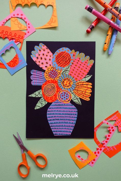 Collage Art Elementary School, Spring Collage Art, Texture Art Kindergarten, Paper Vase And Flowers, Mark Making Collage, Collage Kids Art Projects, Collage Art Projects For Kids, Flower Art Projects For Kids, Flower Art For Kids