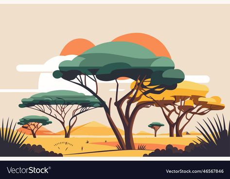 Savannah Color Palette, African Savannah Landscape, Safari Illustration, Savannah Landscape, African Scenery, Murals Ideas, Kids Church Decor, Grass Vector, African Tree