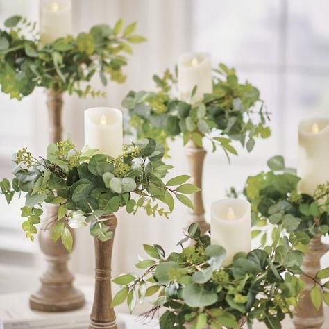 Flowers On Candlesticks, Communion Decor, Mixed Eucalyptus, Cottagecore Wedding, Floral Candle Rings, Eucalyptus Candle, Gala Ideas, Candle Ideas, Centerpiece Wedding