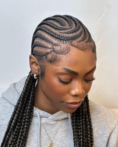 Swoopy and Straight Cornrows to the Back Cute Natural Hairstyles For Black Women Braids Cornrows, Beautiful Cornrow Styles, Cornrow Back Hairstyle, African American Cornrow Hairstyles, Styled Cornrows Black Women, Beautiful All Back Hairstyles, Cornrows Braids With Designs, 12 Cornrows Braids, Cornrow To The Back Hairstyles