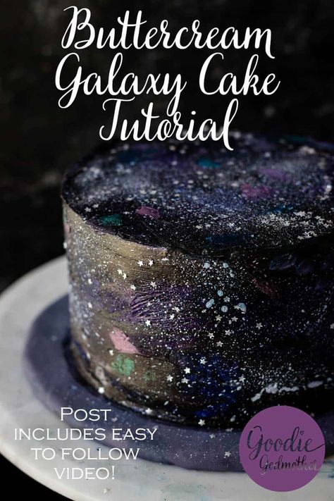 Decorate your own out of this world cake with this easy to follow buttercream galaxy cake decorating tutorial! Video and all the details on GoodieGodmother.com #galaxycake #smashcaketutorial #caketutorial #spacecake World Cake, Galaxy Party, Galaxy Cake, Gel Colors, Star Wars Cake, Blue Gel, Cake Decorating Videos, Space Birthday, Cake Decorating Tutorials