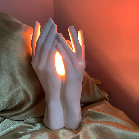 Hand Sculpture Art, Pink Light Bulb, Ceramic Hands, Hand Artwork, Hands Sculpture, Hand Lamp, Hand Casting, Funky Decor, Hand Sculpture