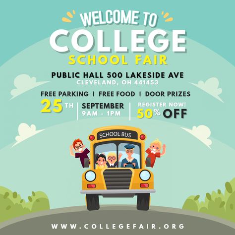 School Travel Fair Online Invite with illustrations College Trip Poster, Trip Invitation Ideas, Back To School Invitation, Bus Graphic Design, Open House School, Tutoring Flyer, Bus Trip, Scholastic Book Fair, School Open House