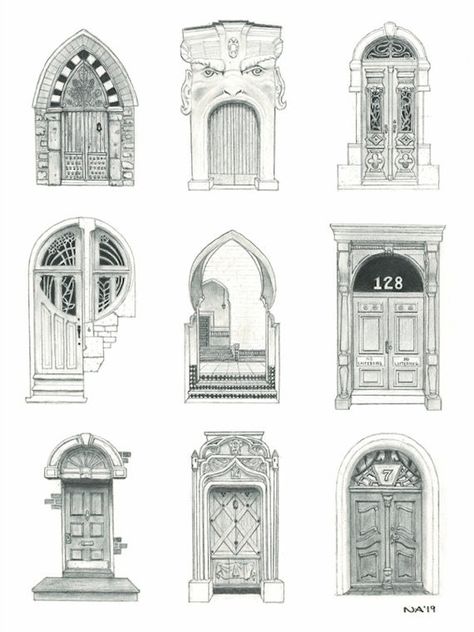 Architecture illustration of nine doors.   A door acts as our summary of each building and its purpose. Each unique variation on this crucial architectural element gives us context into the building itself but also lends itself as an expression of the culture that built it. This piece features doors from Italy, India, Belgium, United States, Morocco, Germany, and France Limited edition acid free/archival digital print, each architectural print is hand is numbered on the back. Printed on thick 27 Architectural Elements Sketches, Architecture Old Buildings, Italy Buildings Drawing, Victorian Buildings Architecture, Door Illustration Drawings, Door Doodle, Doors Tattoo, Italy Buildings, Door Tattoo