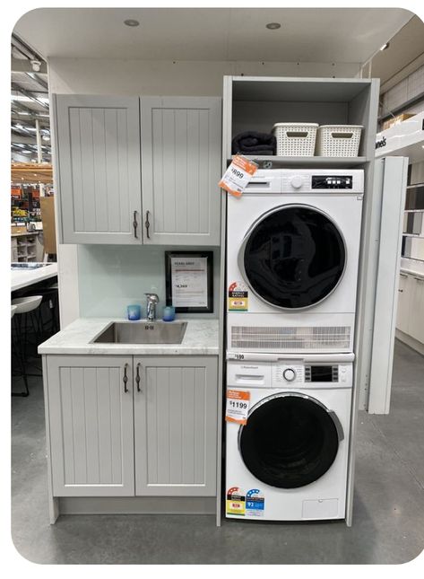 Laundry Tower Washer And Dryer, Stackable Washer Dryer Laundry Room With Sink, Bathroom Laundry Combo, Washer Dryer Closet, Retro Laundry Room, Washer Dryer Laundry Room, Laundry Remodel, Stackable Laundry, Laundry Pantry