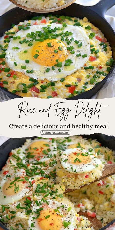 With a combination of rice, eggs, vegetables, and yogurt Ingredients: Olive oil, for sautéing 1 cup of rice 2 cups of hot water 4 eggs Salt, to taste 3 tablespoons of yogurt 200 grams of tomato, chopped Green onion, chopped Parsley, chopped Garlic, minced 2 tablespoons of flour #Rice #Egg Tomato Breakfast, Egg Benefits, Skillet Dishes, 15 Minute Meals, Balanced Meals, Breakfast Lunch Dinner, Classic Dishes, Rice Dishes, Flavorful Recipes