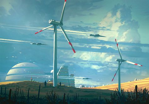 ArtStation - Wind Mills, Raphael Lacoste Wind Mills, Wind Turbine, The Sky, Concept Art, Twitter, Art