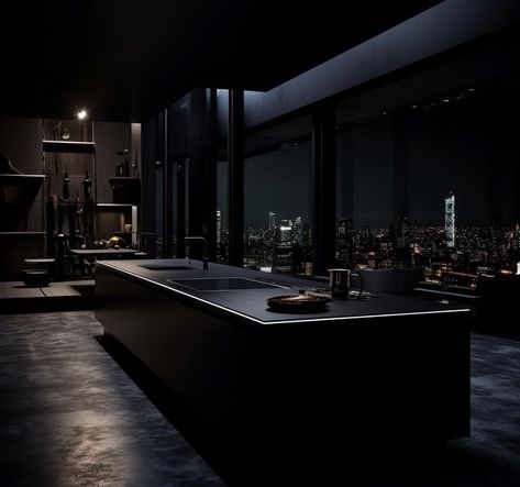 #blackhouse #house #batman Dark Modern House Interiors, Black House Aesthetic, City Apartment Aesthetic, Mafia House Aesthetic, Penthouse Decor, Dark Modern House, Dark Homes, New York City Penthouse, Mansion Plans