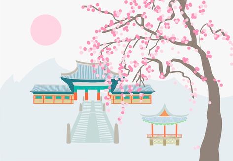 Drawing of a buddhist temple on a backgr... | Premium Vector #Freepik #vector #banner #tree #travel #design Korean Temple Drawing, Korean Sunset, Korea Temple, Temple Silhouette, Sunset Drawing, Background Sunset, Sakura Trees, Silhouette Poster, Temple Drawing