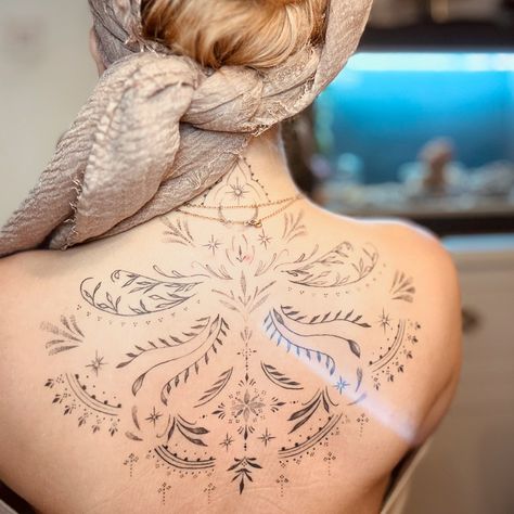 Fine line bohemian back tattoo Boho Beth Boho Tattoos, Connection To Nature, Vine Tattoos, Old A, Spiritual Tattoos, Back Tattoo Women, Bohemian Art, Fine Line Tattoos, First Tattoo