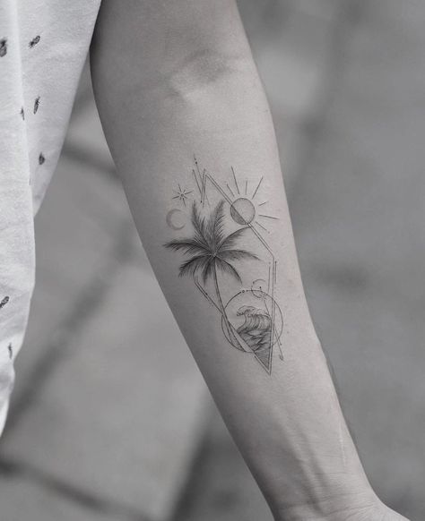 Beach Forearm Tattoos For Women, Beach Geometric Tattoo, Ohana Palm Tree Tattoo, Beach Friendship Tattoos, Surf Tattoos For Women, Wave Beach Tattoo, Beach Wave Tattoo Ideas, Beach Themed Tattoos For Women, Beachy Tattoos For Women